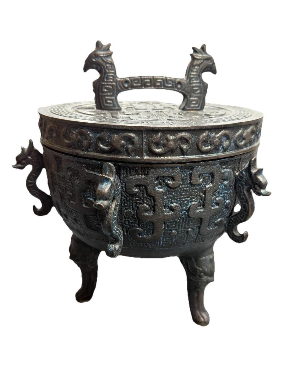 MCM James Mont-Style Bronze Ice Bucket/Dragon Handles And Lid